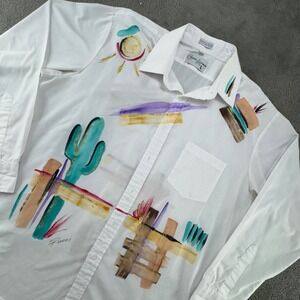 Creative Artwear L White Long Sleeve Button Up Shirt Cactus Sun Southwest Art